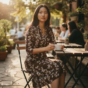 Vintage Galaus By Tokyo Chocolate Brown Bamboo Print Dress 60s/70s Retro